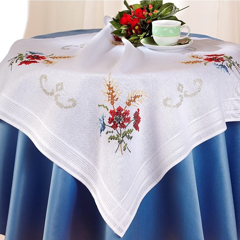 DECO-LINE Floral 80X80CM Printed Tablecloth Embroidery KIT,WHITE