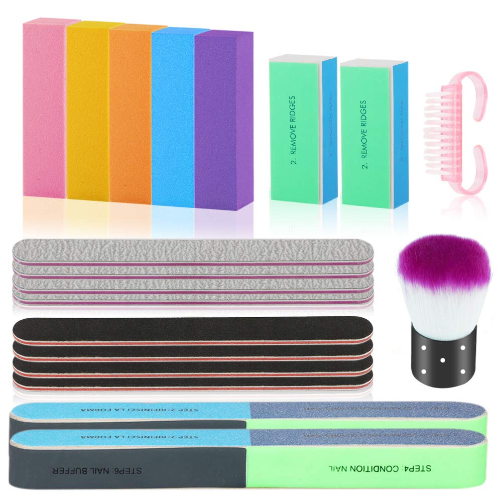 Nail Files and Buffers, Professional Manicure Tools Kit with 5pcs Nail Buffer Blocks, 8pcs White and Black 100/180 Grit Emery Board, 2pcs 7 Ways Buffer, 2pcs 4 sided buffer and Bonus 2 Nail Brushes : Beauty