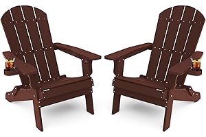 YEFU Adirondack Chair Set of 2, Folding Oversized Plastic Adirondack Chair with Cup Holder, Lawn Chair with Weather Resistant for Outdoor Deck Garden, Weight Capacity Up to 400 Lbs–Mahogan