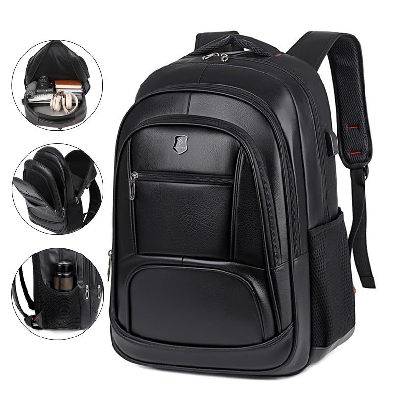 Mochila Masculina de Couro Preta, Impermeável, com Compartimento para Notebook, 46x32x17 cm