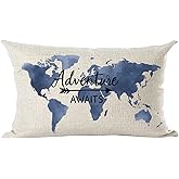 Ramirar Watercolor Blue World Map Adventure Awaits Arrow Columbus Day Lumbar Throw Pillow Cover Case Home Living Room Bed Sofa Car Cotton Linen Rectangular 12 x 20 Inches