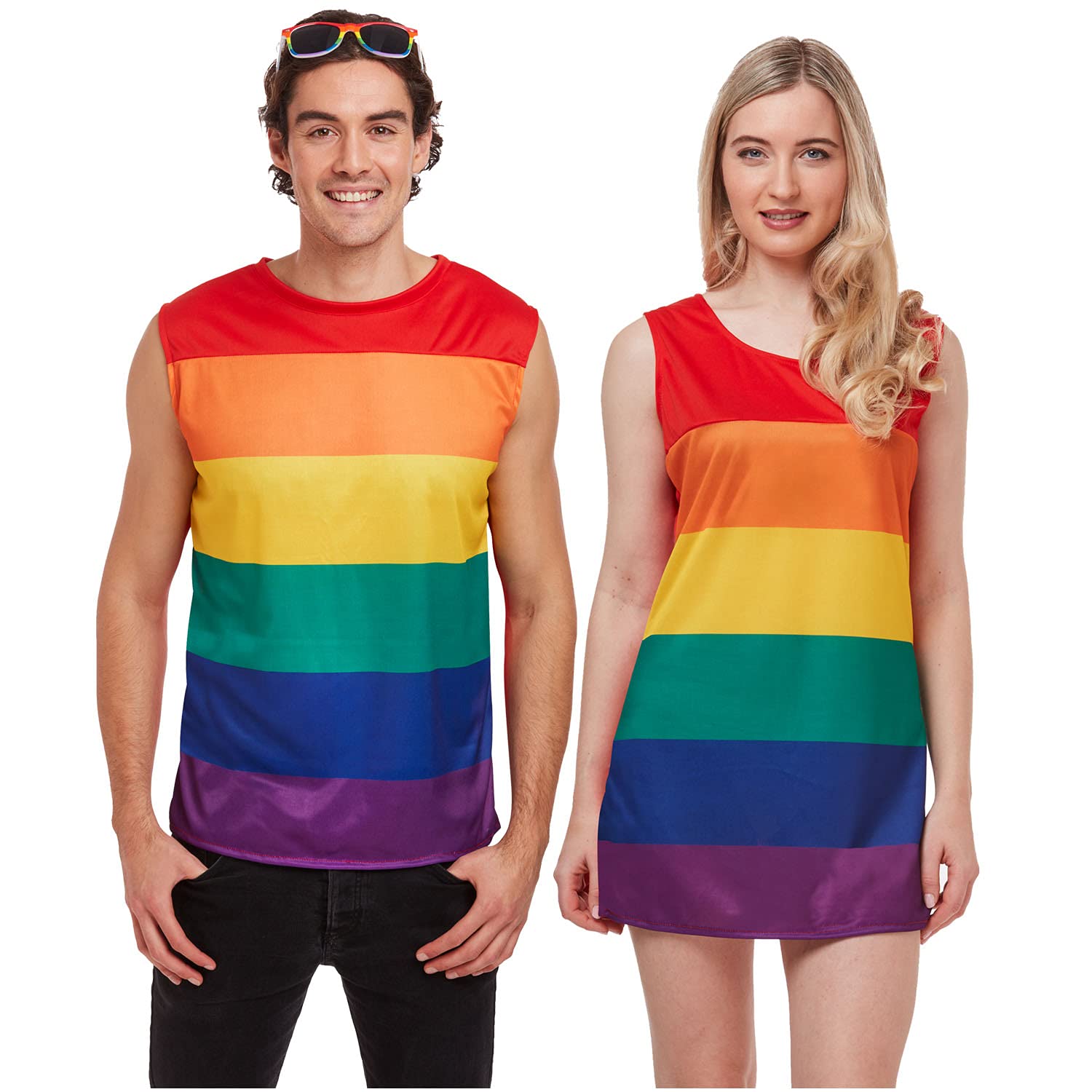 AKH® Pride Rainbow Striped Couple Dress Set | One Size | Men's Vest Top with Women's Rainbow Striped Sleeveless Dress Adult Fancy Dress Costume Gay Pride LGBT Rainbow for Pride Festivals & Events