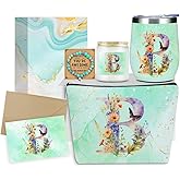 Personalized Gifts Monogrammed Birthday Gifts for Women, Sister Cowerker Mom Boss Day Christmas Appreciation Initial Wine Tumbler Makeup Bag Scented Candle Bracelet Set, (Aesthetic Green Flower B)