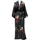 KIM+ONO Luxury Kimono Robe for Women | Long Satin Floral Robe | Hana Black | Original Design | Removable Waist Tie Closure