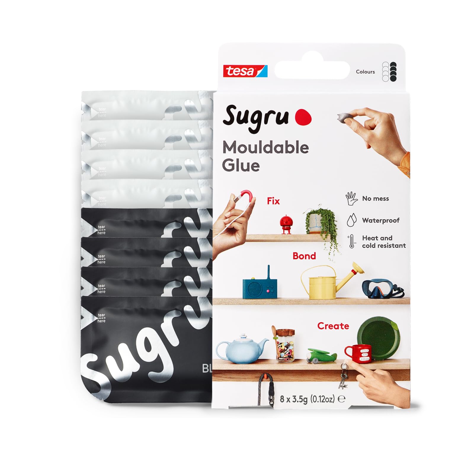 Sugru by tesa - Mouldable Multi-Purpose Glue for Creative Fixing and Making, Black & White, 8-Pack