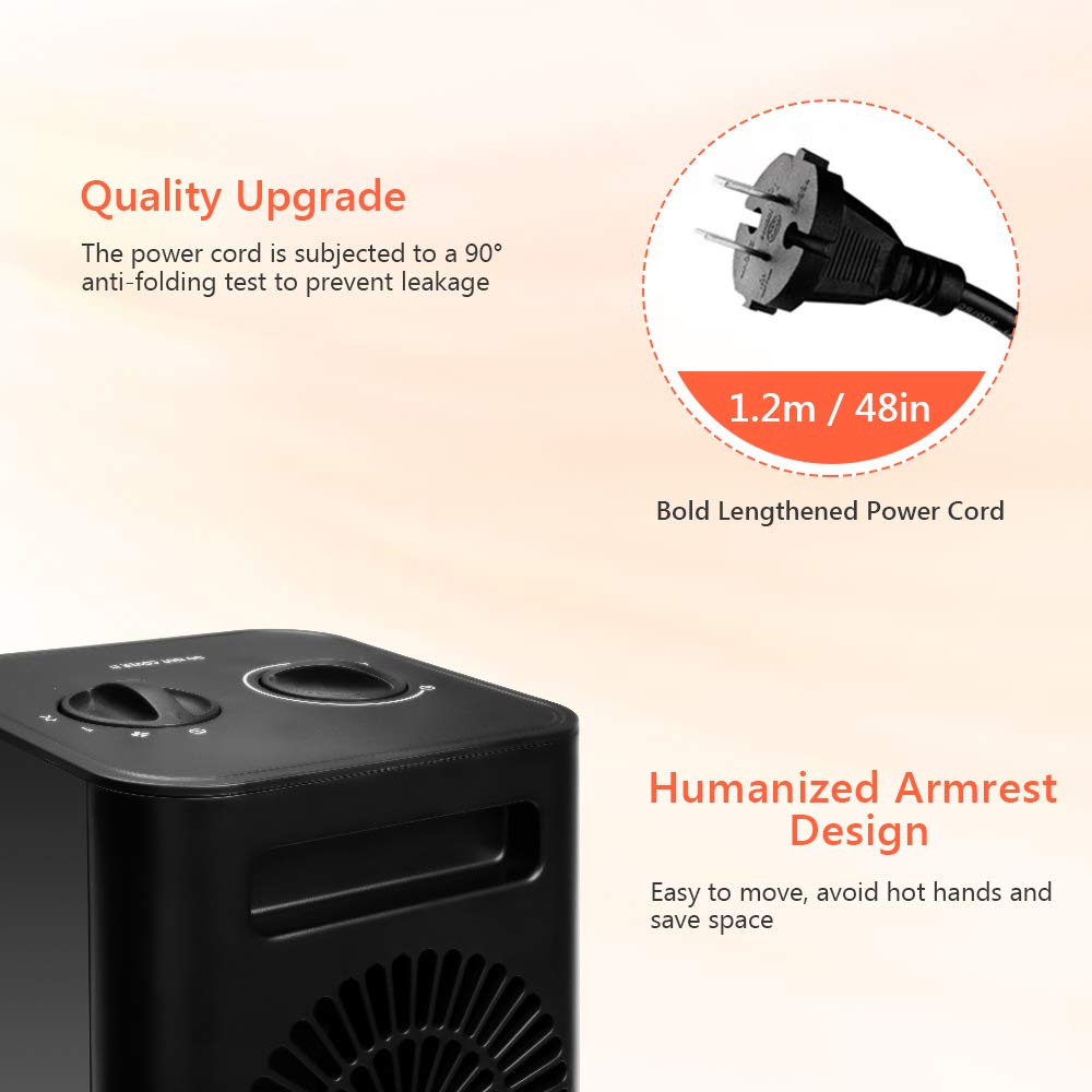 Portable Indoor Electric Space Heater- 3 Settings(1500/750W), Adjustable Thermostat with PTC Ceramic Heating Element, Tip-Over and Overheat Protection, for Office, Home