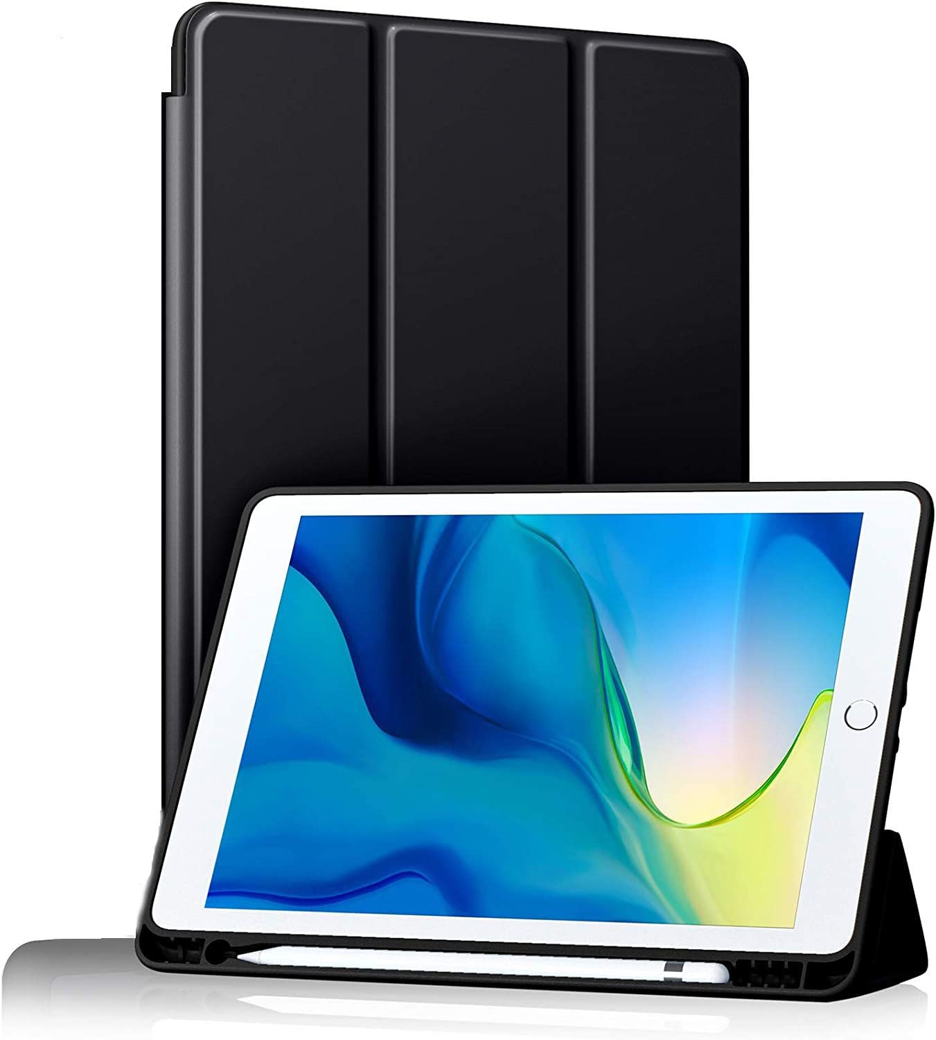 BXGH iPad Case for 9th/8th/7th Generation 10.2" iPad with Pen Holder, Case for 2021/2020/2019 with Soft Silicone Backing, Auto Wake/Sleep Cover - Black