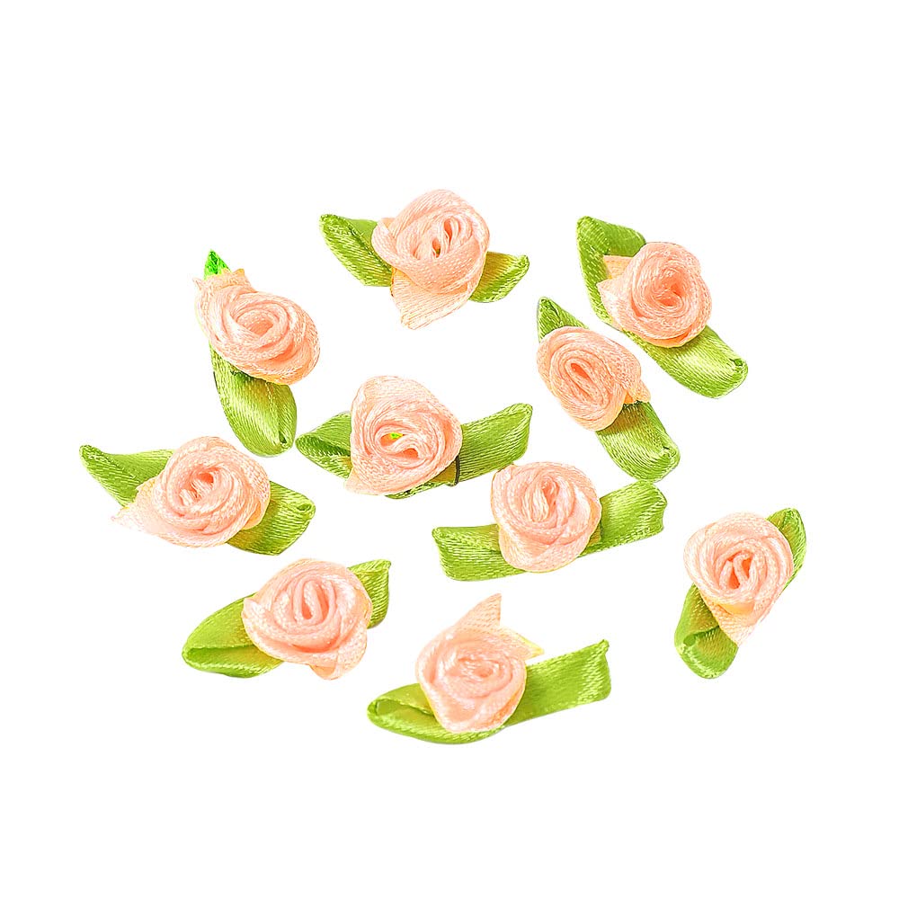 Pack of 100 mini Artificial Flowers Rose Heads,Bows Roses with Leaf,Rose Flower Heads Flower Heads for Crafts,Flower Appliquations,Confetti Decoration for DIY Crafts,Garland Scrapbooking,Champagne