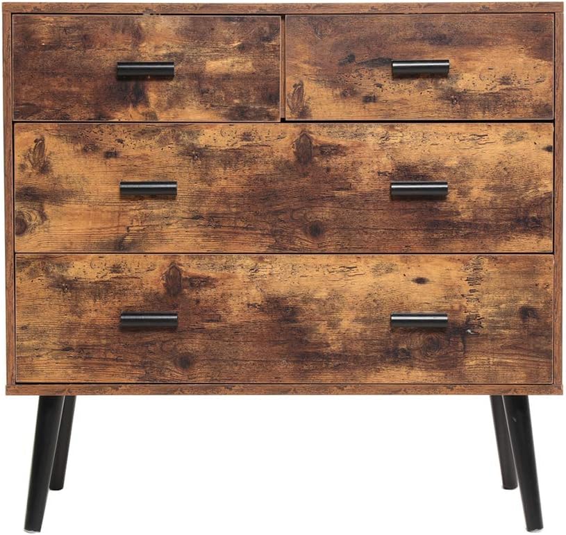 IWELL Mid-Cenrtury Floor Storage Cabinet with 4 Drawers, Free Standing Sideboard, End Table Nightstand, Medical Storage Cupboard for Living Room, Bedroom, Kitchen, Rustic Brown