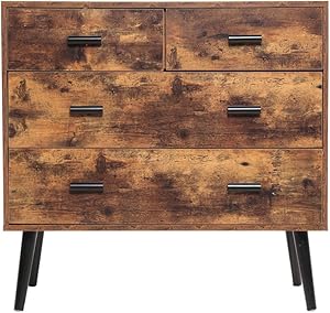 IWELL Mid-Cenrtury Floor Storage Cabinet with 4 Drawers, Free Standing Sideboard, End Table Nightstand, Medical Storage Cupboard for Living Room, Bedroom, Kitchen, Rustic Brown