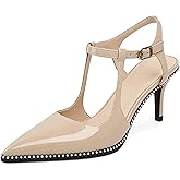 Joseywade Slingback Kitten Heels Stilettos Pointed Toe Ankle Strap Beaded Pumps 2.5 Inch Middle Heel Chic Pump