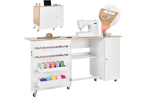 VEVOR Table à coudre pliable, table multifonction pour machine à coudre avec armoire, station de charge, design compact, roue