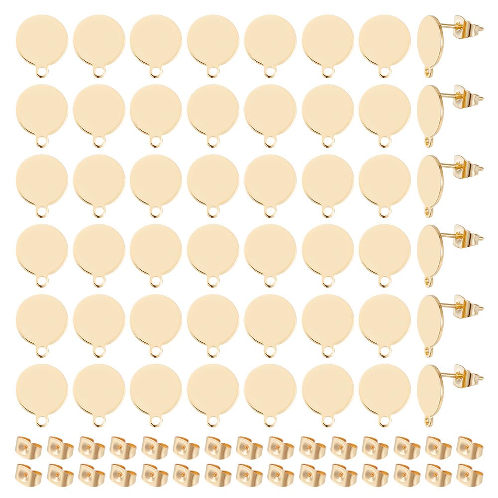 UNICRAFTALE about 50pcs Golden Flat Round Stud Earring with Ear Nuts Stainless Steel Stud Earring with Loop Earring Post for Jewelry Making Findings 0.8mm Pin