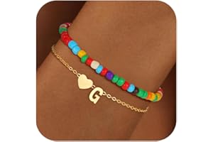 BLThing Colorful Initial Bracelets for Women Girls - 14K Gold Plated Heart Letter Bracelets Cute Bohemian Summer Jewelry Birthday Gifts for Teen Girls Back to School Gifts