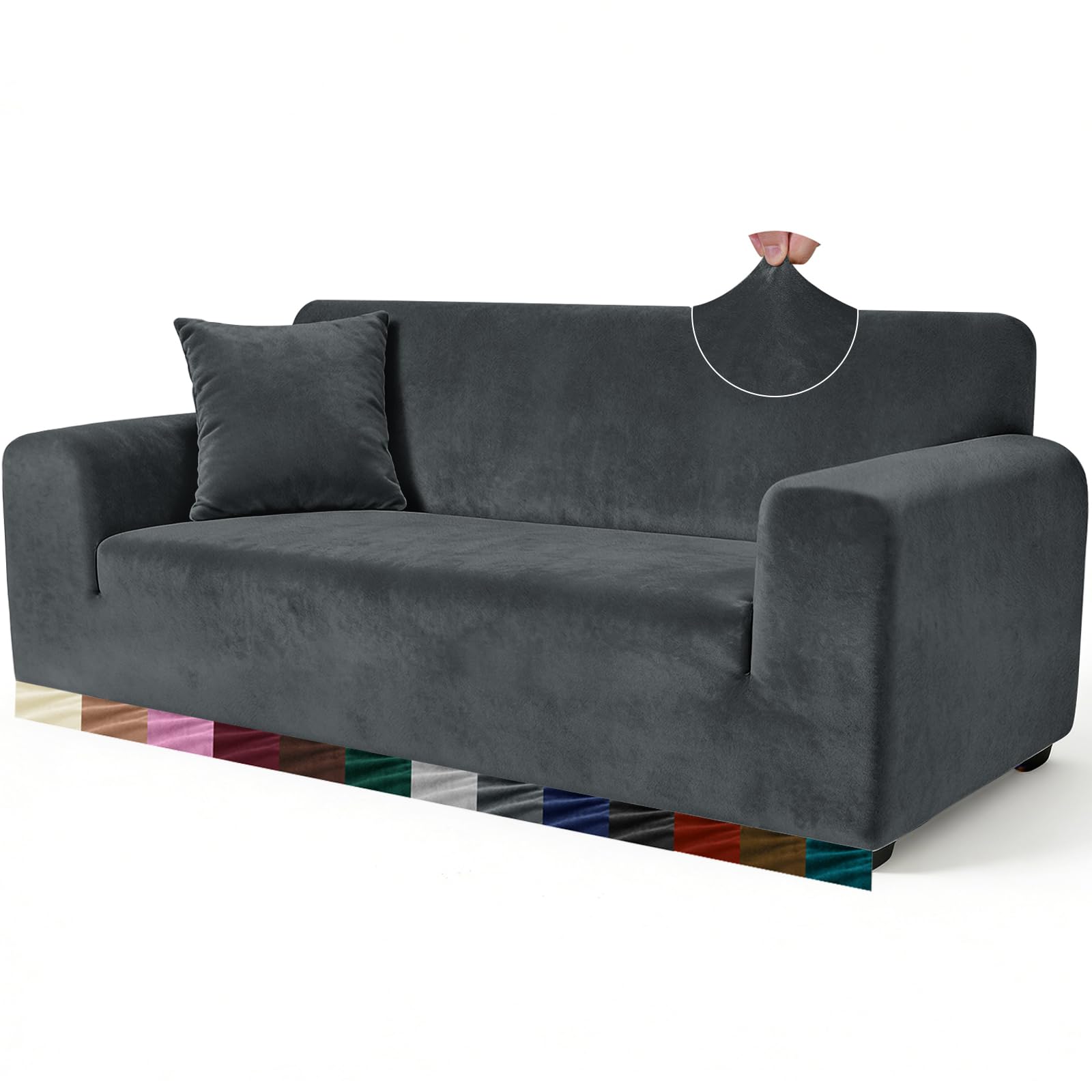 Yeahmart Thick Velvet Sofa Covers 3 Seater - Premium Stretch Couch Slipcover - Soft Furniture Protector for Pets - Includes Foam Rods for Non-Slip Fit - Machine Washable, Dark Grey