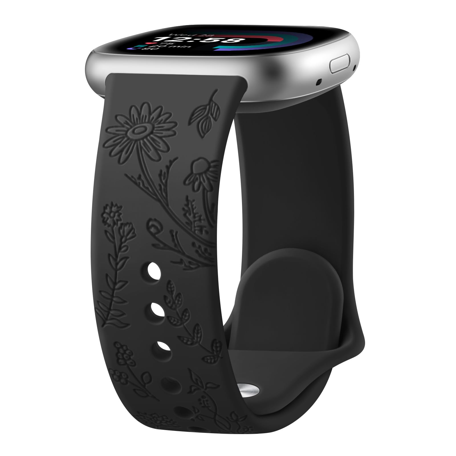 Tobfit Flower Pattern Strap for Fitbit Sense/Sense 2/Fitbit Versa 4/Fitbit Versa 3 Straps for Women Men, Adjustable Silicone Replacement Band (Black)