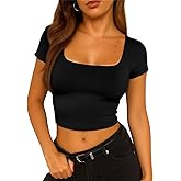 ForeFair Womens Square Neck Going Out Crop Tops Double Lined Tshirts Summer Short Sleeve Tight Tees