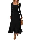 MEROKEETY Women's Sweater Dress 2025 Fall Winter Casual Long Sleeve Square Neck Pleated Church Work Knit Midi Dresses