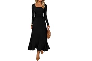MEROKEETY Women's Sweater Dress 2025 Fall Winter Casual Long Sleeve Square Neck Pleated Church Work Knit Midi Dresses