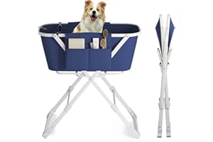 DISHUP Portable Dog Bathtub, Pet Bathing Station for Home-Grooming Tub, Elevated Foldable Dog Shower Tub with Side Pocket, 5 Adjustable Height Levels, Blue