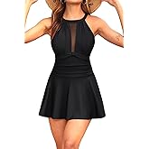 Holipick Women's One Piece Swim Dress High Neck Swimsuit Tummy Control Halter Modest Skirt Bathing Suits Long Swimdress