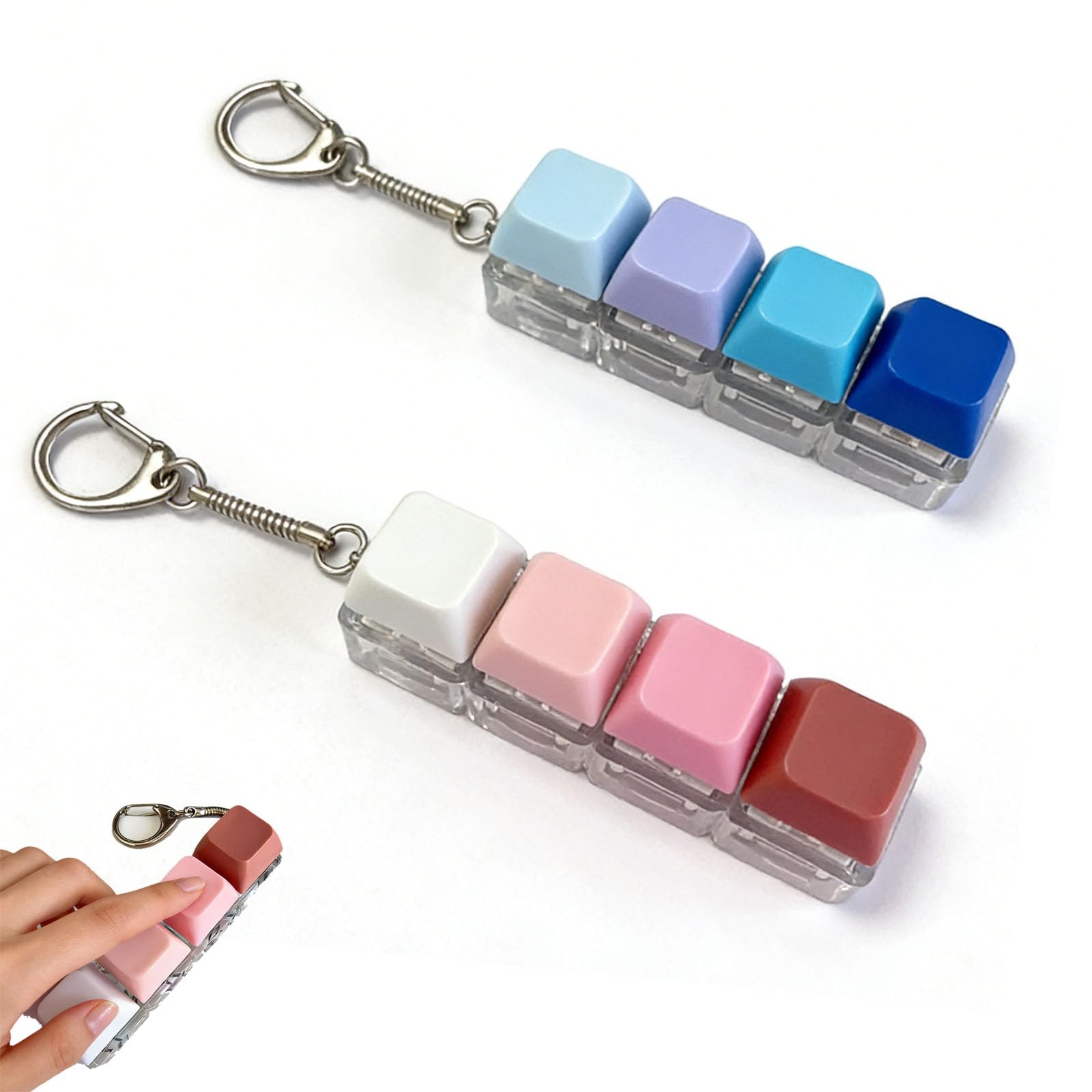 2 PCS Keyboard Fidget Toy, Stress Relief Toy Mini Keyboard Keychain 4 Keys, Clicker Fidget Button, Durable Stress Relief Pendant , for School, Home and Travel （Blue & Pink）BLUE keyboard fidget toy