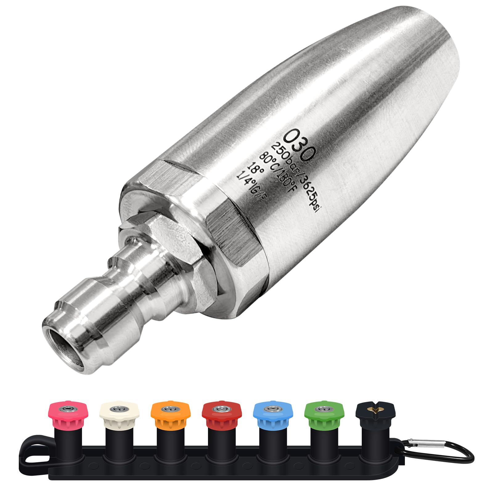 YATOSEEN 3600 PSI Stainless Turbo Nozzle for Pressure Washer, 360° Rotating Pressure Washer Nozzle with 1/4" Quick Connector, 7 Nozzle Tips with Nozzle Holder Hot & Cold Water(Orifice 3.0)
