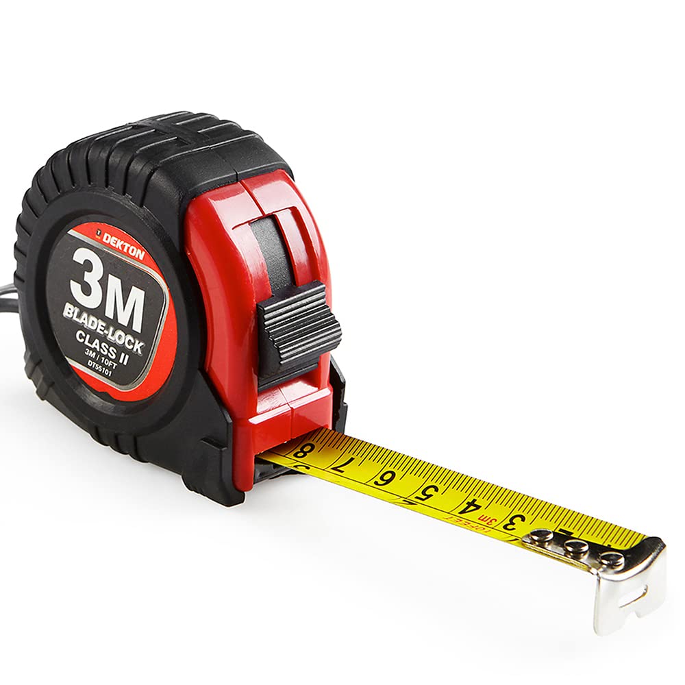 Dekton 3m X 19mm Hard Case Tape Measure-3m/10ft Blade-lock| Belt Clip| Rubber Grip| High Carbon Steel| Imperial And Metric Units| Durable, Accurate, With Robust Hard Case| Easy-to-read Measurements
