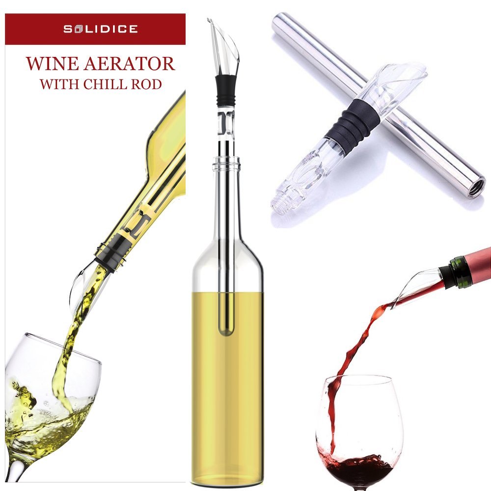 Wine Aerator with Chill Rod - Decanter and Cooler Stick by SOLIDICE - 3-in-1 Premium Wine Accessories Gift Set with Wine Decanter, Wine Pourer and Stopper plus Stainless Steel Chiller Stick
