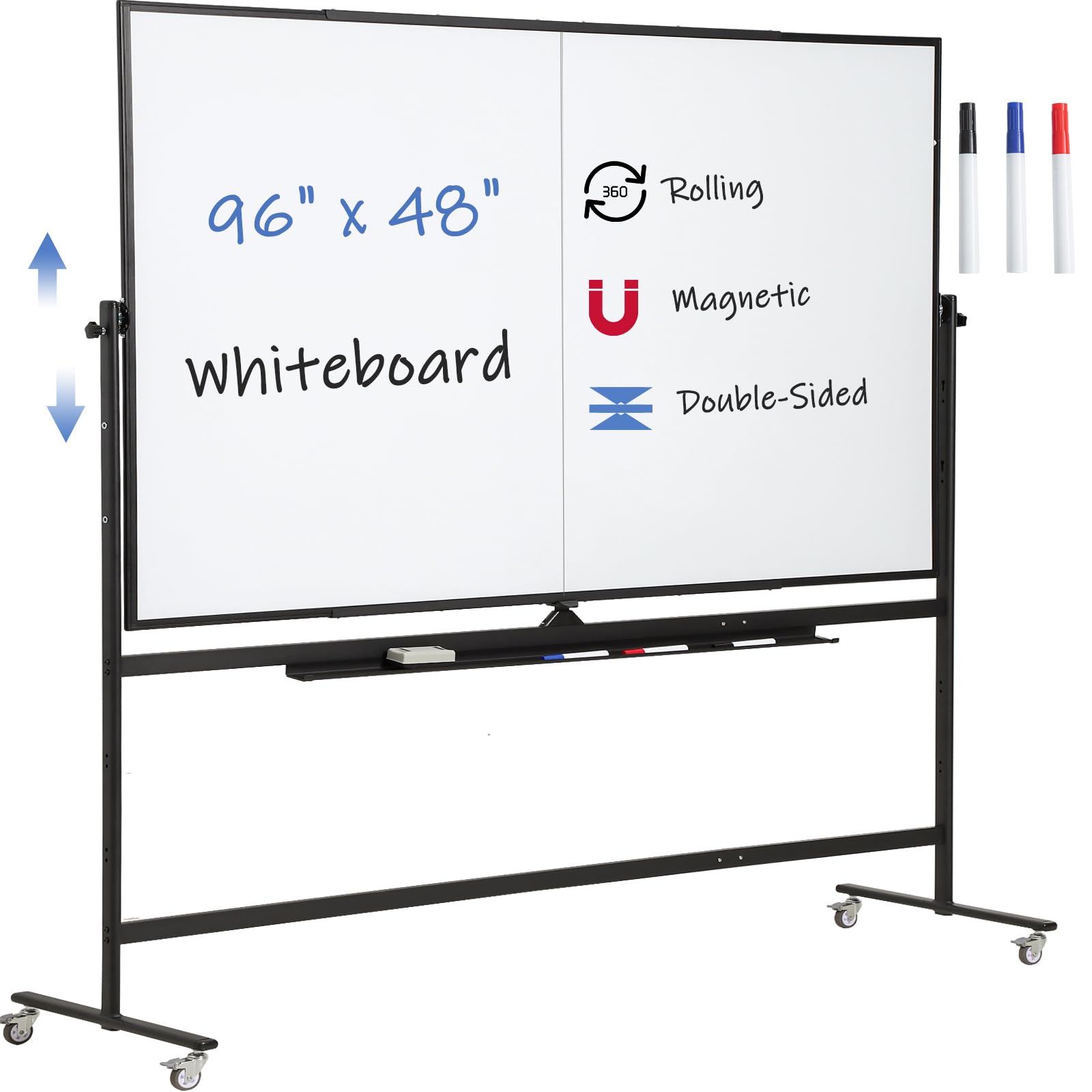 Photo 1 of Large Magnetic Mobile Whiteboard 96"x48", Rolling Double Sided Stand Whiteboard on Wheels, Reversible Adjustable Height/Angle Dry Erase Board 8' x 4' Easel White Board for Office Classroom, Black