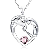 AOBOCO Horse Necklace Sterling Silver Love Heart Necklace with Birthstone Crystals, Horse Jewelry Gifts for Women Her