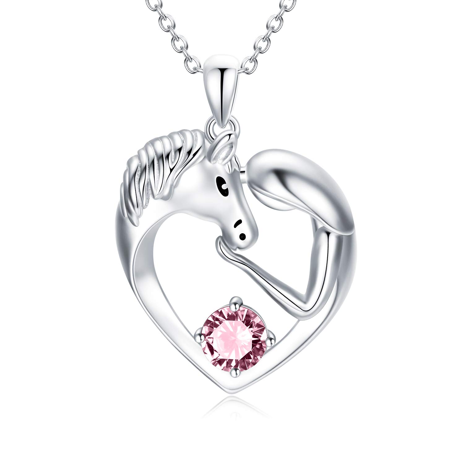 Horse Gifts for Girls, Sterling Silver Love Heart Horse Necklace with Birthstone Crystals, Birthday Jewellery Gifts for Girls Women Horse Lovers (Pink)