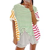 Tankaneo Womens Oversized Striped T-Shirts Color Block Short Sleeve Tee Tops Summer Casual High Low Hem Shirts