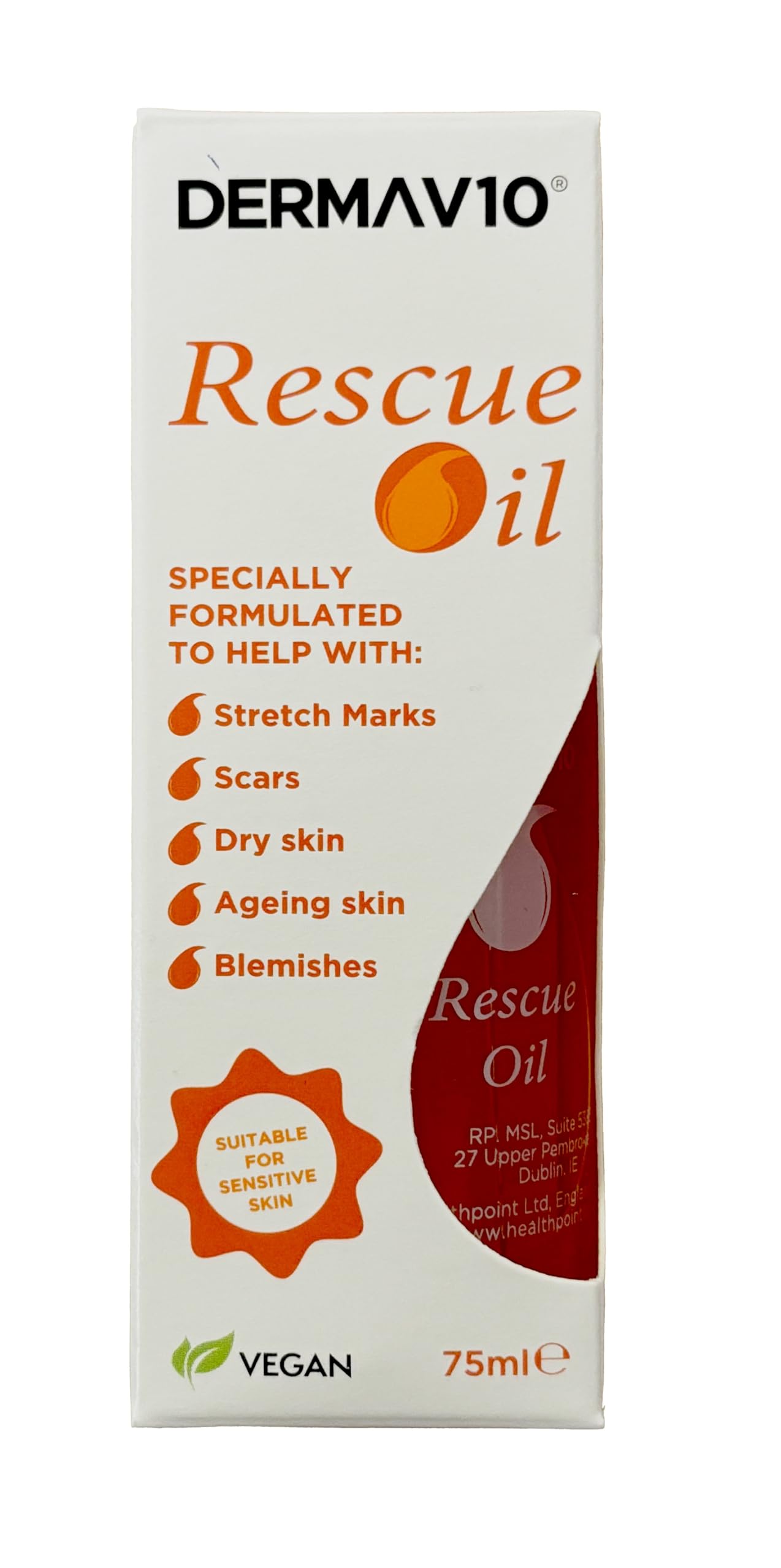 Healthpoint Derma V10 Rescue Oil, Reduce Appearance Of Stretch Marks Scar Tissue, Dry, Dehydrated Skin, After Sun, Ageing, Blemishes, Clinically Tested, Paraben Free, Vegan Friendly, Made In The UK
