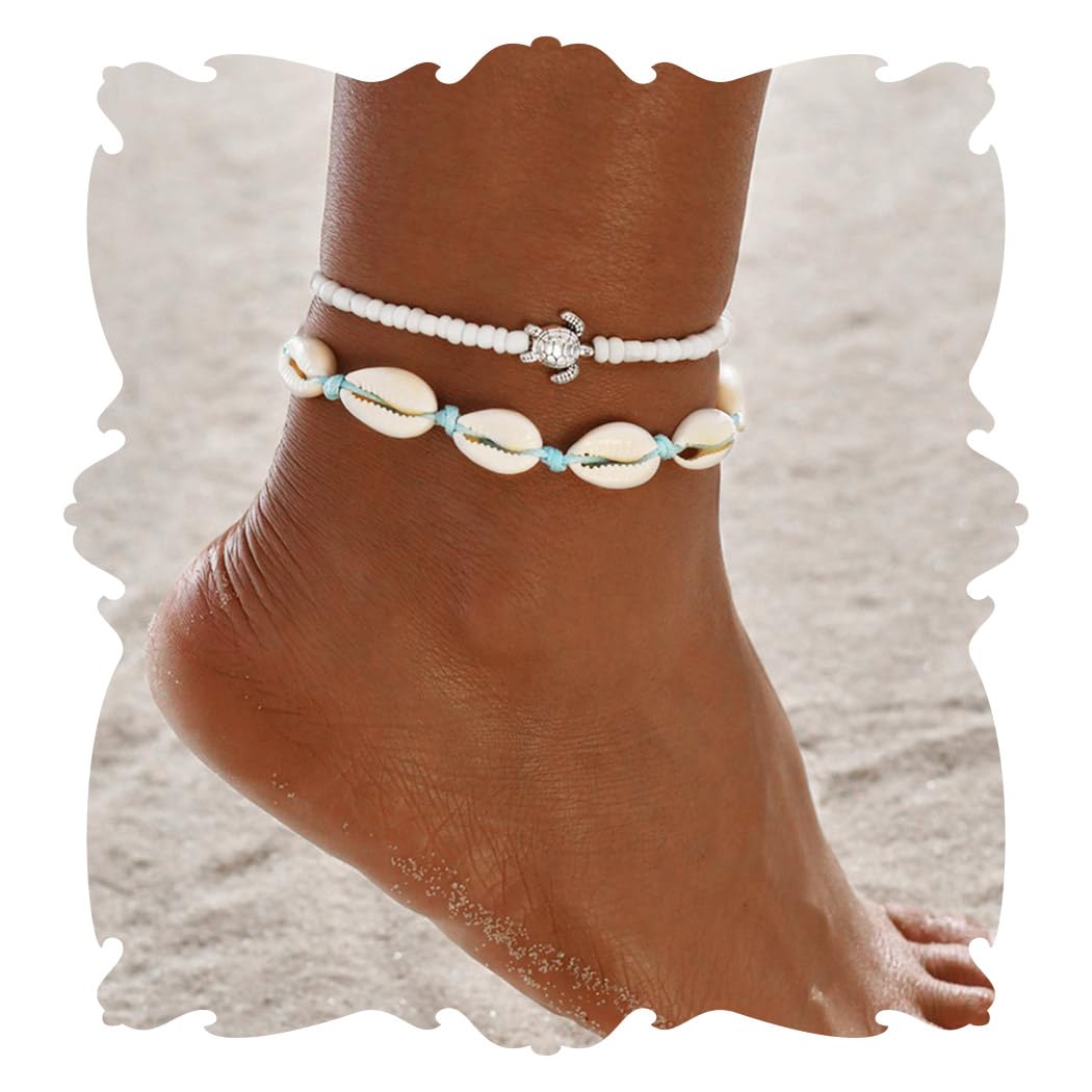 Handcess Boho Seashell Double Anklets Silver Turtle Ankle Bracelets Layered Weave Foot Chains for Women and Girls