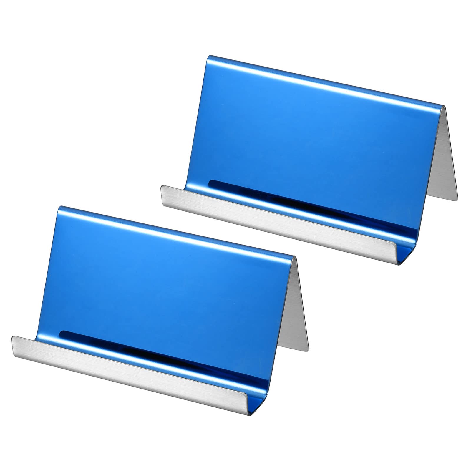 PATIKIL Business Card Holder, 2 Pack Reflective 304 Stainless Steel Desktop Name Cards Display Stand for Office Desk, Blue