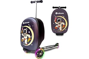 Lascoota Scooter Suitcase, Foldable Scooter Luggage For Kids - Lightweight Kids Ride on Luggage Scooter with Wheels, LED Lights - Astronaut Graphic Suitcase Scooter, Ride On Suitcase for Kids Ages 2-5
