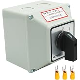 KEYMOO 40A Rotary Changeover Switch With Exterior Box, 3 Position 3 Phase 12 Terminals, Universal Selector With AWG 12-10 Yellow Terminals, Cam Box IP65 40/D303.3D