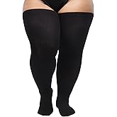 DRESHOW Plus Size Thigh High Socks for Women Over Knee Long Boot Stockings Striped Knee Highs Tube Socks Leg Warmers