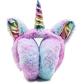 Cute Rainbow Unicorn Earmuffs for Women Kids Girls, Foldable Warm Soft Plush Comfortable Outdoor Winter Ear Warmers