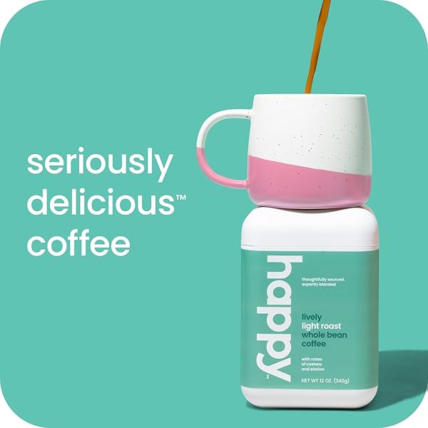 HAPPY COFFEE BRIGHT SIDE LIGHT ROAST WHOLE BEAN COFFEE, 12 OZ., NOTES OF CASHEW & PERFECTION, RESPONSIBLY GROWN & HARVESTED IN COLOMBIA, BRAZIL & GUATEMALA