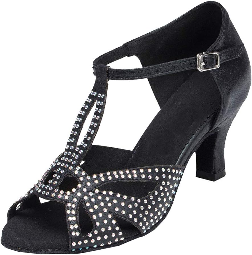 Womens Rhinestone T-Bar Latin Dance Shoes Character Salsa Tango ChaCha Prom0016 Black 5.5 UK(2IN)