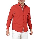 Haloumoning Boys Long Sleeve Dress Shirts Kids Solid Casual Button Down Uniform Shirts 5-14 Years