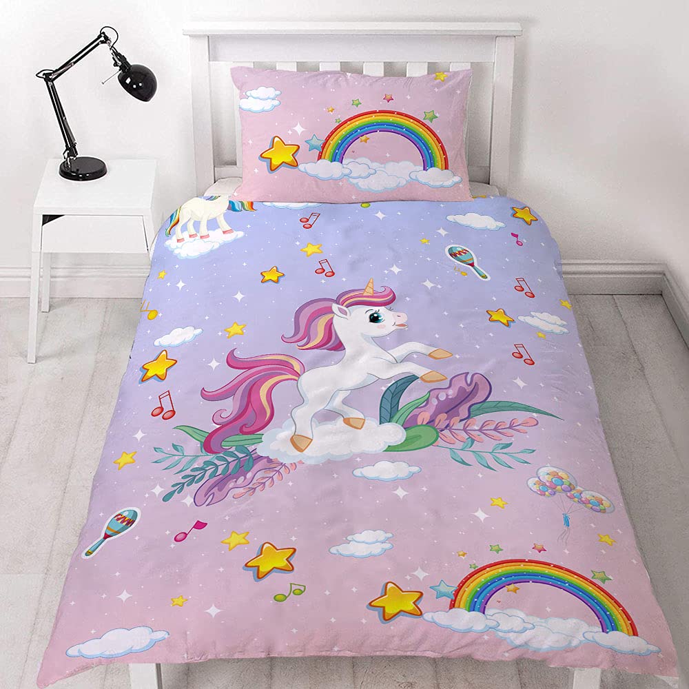 Yasida Unicorn Girls Duvet Cover Single Rainbow Kids Bedding With Pillow Case Fairy Star Pink Blue Bed Set-135cm X 200cm Unicorn Bedding Single For Kids/Girls Duvet Cover Set Children Bed
