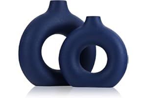 XMGZQ Blue Ceramics Vase for Home Decor -Blue Vase Set of 2 Circular Flowers Vase Modern Navy Blue Decor - Home Decoration for Kitchen Table, Living Room Side Table, Fire Place or Flower Shop