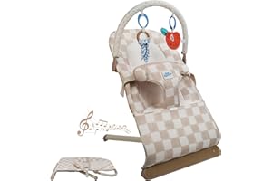 Tiny Marvels Baby Bouncer, 3-Point Harness Rocker Chair for Newborn Toddler, Portable Baby Bouncer Seat with Sensory Toys and Music, Compact & Comfort Infant Bouncer Sand Checks