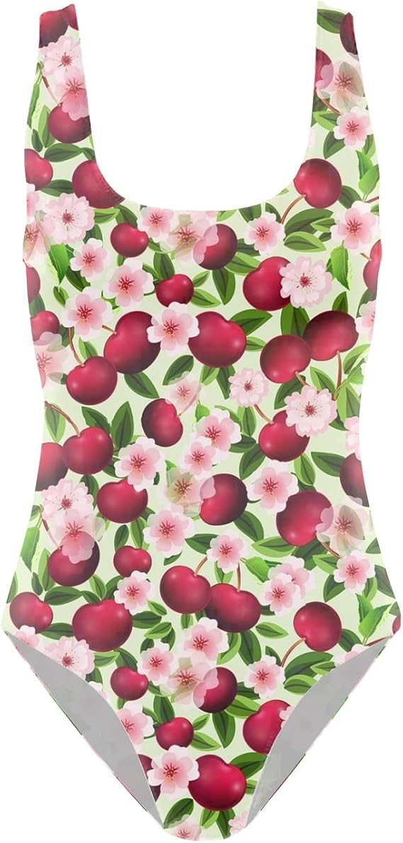 Women UNeck One Piece Swimsuit Floral Sakura Cherries Print Bathing
