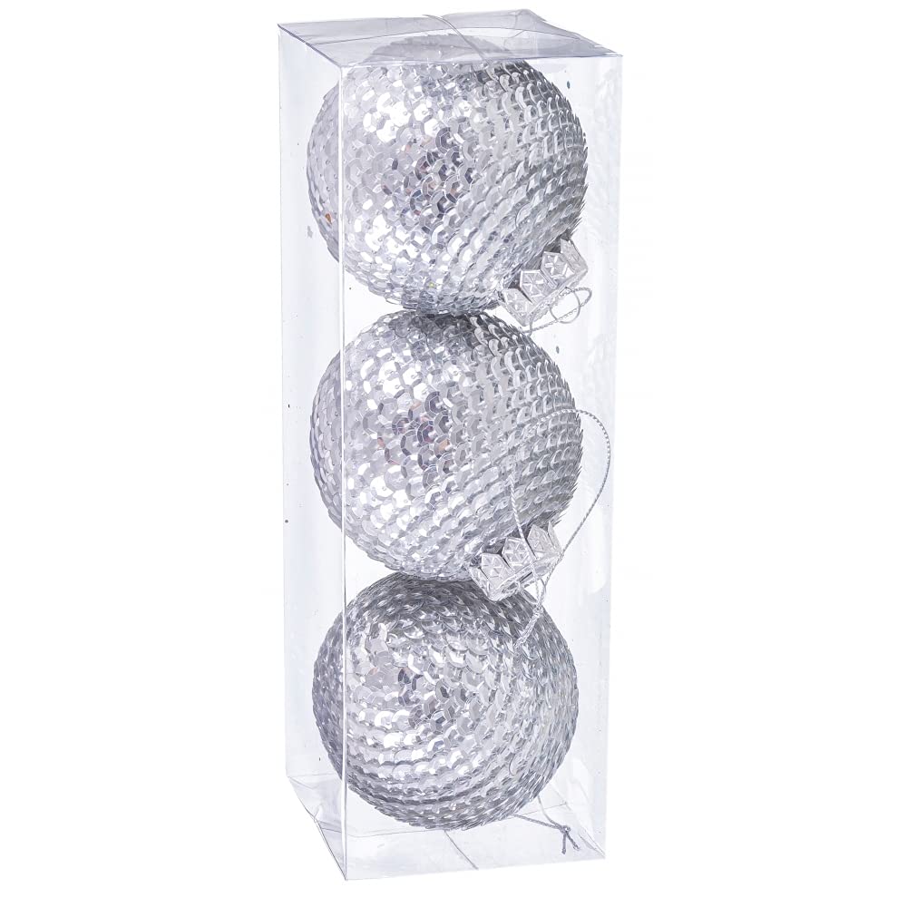 Set of 3 Christmas Baubles 80 mm Silver Sequins