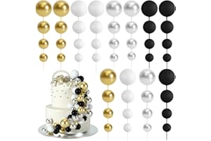 BOUBONI 48 Pcs Balls Cake Topper Decorations Balloon Cupcake Toppers Foam Cake Topper Balls Cake Balls Decorations for Birthday Party Wedding Anniversary Cake Decorating (Black, Silver, White, Gold)