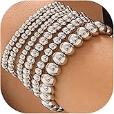 LXSSLY 5Pcs Gold Bead Bracelets Set for Women,14K Gold Plated Stackable Bead Ball Bracelets Set,Adjustable Chunky Bangles Bracelets,Boho Stretch Bead Ball Bracelet for Women